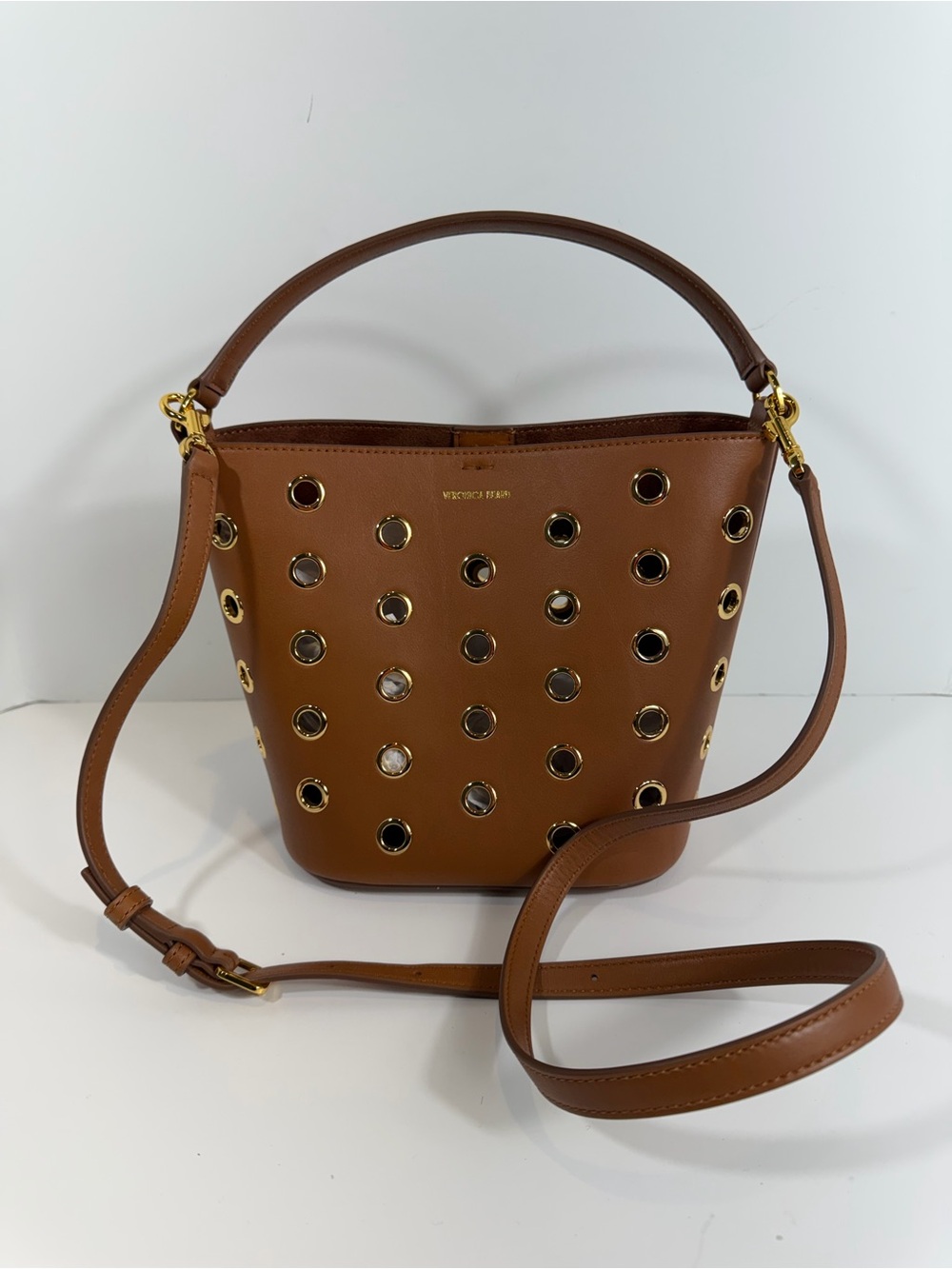 Veronica Bears Small Grommet Leather Tan Brown Gold Detail Feedbag Bucket Bag